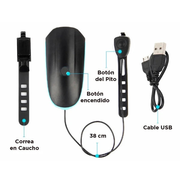 Luz blanca recargable USB para bicicleta 250 Lúmenes con pito